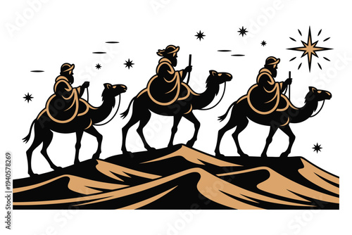 Three wise men on camels silhouettes in desert at night with star, religious Christmas nativity scene
