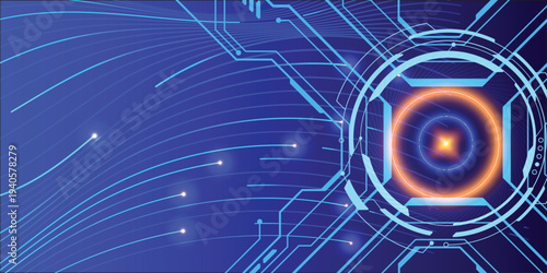 Futuristic blue circuit board with glowing orange HUD portal, abstract digital technology background for AI, data flow and global network