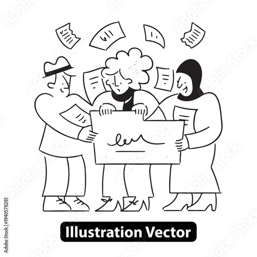 Group of People Holding Documents and Large Paper Together in a Collaborative Scene