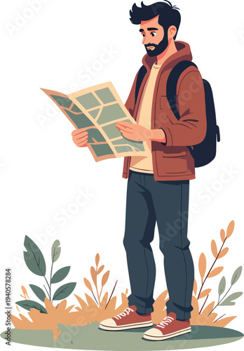 Escursionista con mappa che cerca la strada in montagna – illustrazione vettoriale