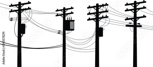 Four black utility poles with multiple wires and electrical equipment in a minimalist line style power lines