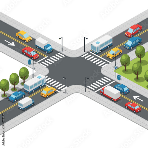 Isometric Crossroads Traffic Intersection with Cars, Buses, and Trucks