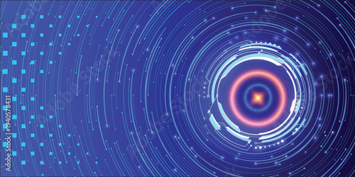 Futuristic blue digital data vortex with glowing circular HUD interface, cyber technology network background with streaming particles