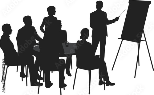 Silhouette of people in a meeting with one person presenting at a flip chart business