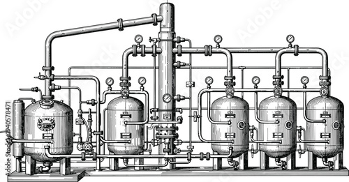 Industrial factory machinery illustration, vintage chemical processing tanks and pipes system, detailed engineering equipment drawing, technical industry vector design