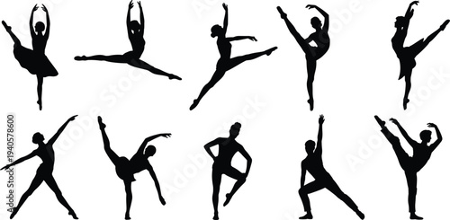 Silhouettes of dancers performing various ballet and contemporary dance poses in black against a white background