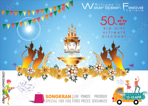 Songkran sale promotion banner for Songkran Festival Abstract background. Thai New Year Holiday. The Water Splash Festival. Vector and Illustration, EPS 10.