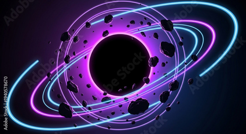 Vibrant neon ring surrounding a black hole with asteroids in deep space glowing purple and blue cosmic atmosphere abstract digital artwork