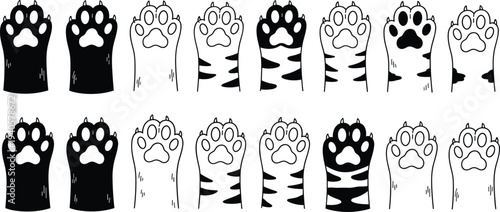 Cute cat paw pattern set with different fur textures black and white animal paw icons cartoon vector illustration