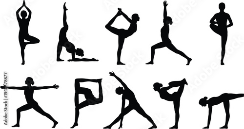 Silhouettes of people performing various yoga poses on a white background black