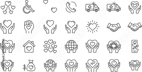 Charity and healthcare line icon set with heart care donation ambulance support volunteer and medical help symbols