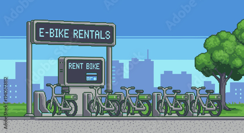 Vibrant pixel art illustration showcasing an E-Bike rental service in a bustling city environment, emphasizing sustainable urban travel and shared electric bicycles.