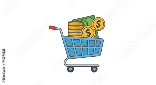 Vibrant illustration of a shopping cart overflowing with golden coins and green banknotes, symbolizing financial success, online commerce, savings, and profitable shopping.