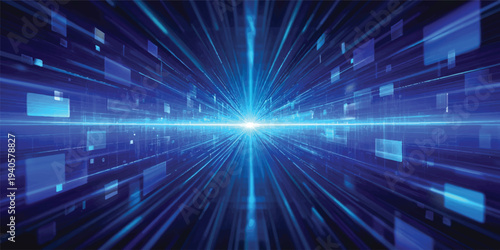 Abstract blue background with rays of glowing light and a futuristic technology burst creates a bright energy flash through a shiny motion tunnel in space