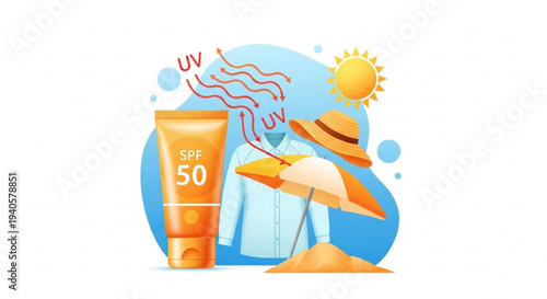 Sunscreen protection concept with spf 50 tube hat shirt and umbrella against uv rays on blue background sand texture summer safety