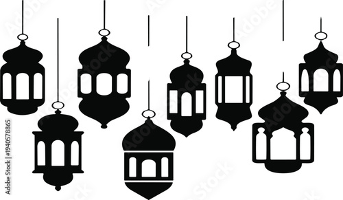 Ramadan lantern silhouette set, traditional Arabic hanging lanterns collection, Islamic decorative lamps for Ramadan Kareem celebration, minimal black vector illustration