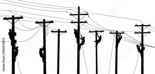 Silhouettes of workers repairing utility poles and power lines against a white background