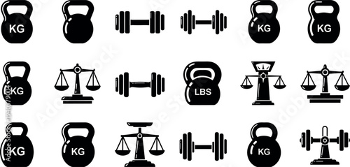 Collection of various weightlifting equipment icons