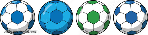 Soccer ball collection illustration, colorful football sports equipment set with classic pentagon pattern, athletic game vector design