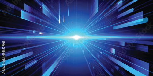 Bright abstract blue background featuring a star burst of glowing light rays and energy flashes in a shiny space design with a tech flare effect