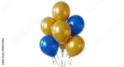 A bunch of blue and gold balloons isolated on transparent background