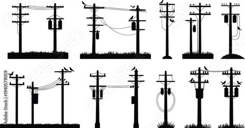 Ten black and white silhouette of utility poles with birds and wires in various configurations