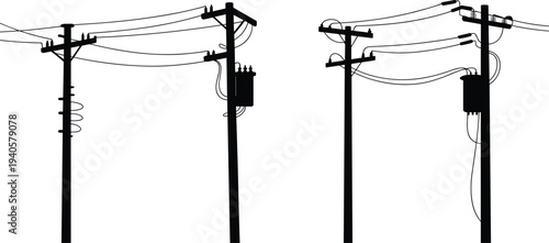 Two black utility poles with electrical wires and transformers in a minimalist silhouette style white
