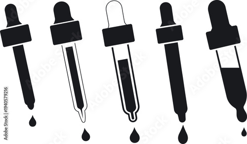 Five black dropper bottles with liquid drops vector illustration, flat design