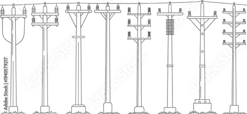 Various types of electrical transmission towers and poles in a line with different structures and components