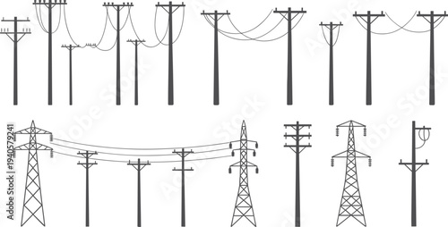 Various types of utility poles and power lines in a black and white line electricity transmission