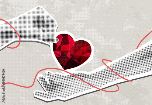 Trendy Halftone Collage love in a couple, hand with heart, hands of a couple, commitment in a couple, mutual love, taking heart, day of love, collage art	