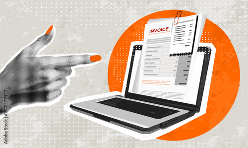 Trendy Halftone Collage Online digital invoice on screen laptop with bills. Template for banner, poster, social media and ads. Vector illustration. Contemporary art. Vector	