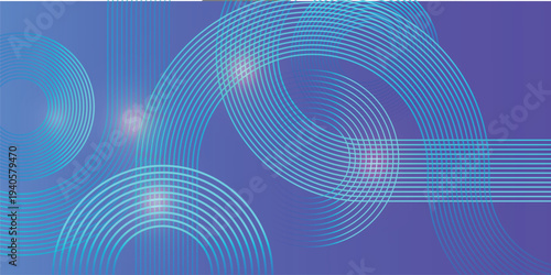 Abstract blue gradient background with overlapping turquoise circular line arcs, modern minimal geometric wave design for technology and business