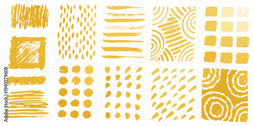 Abstract golden patterns and textures arranged in a grid layout