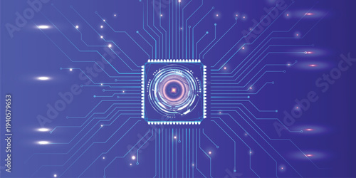 Futuristic glowing CPU microchip with neon circuits on blue digital board, abstract hi-tech processor background for AI, data network and computing