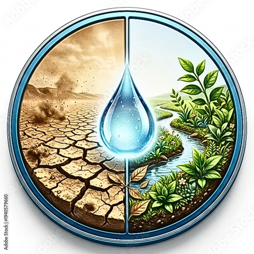 Blue Circle Icon with Water Drop Dividing Drought & Fertile Land