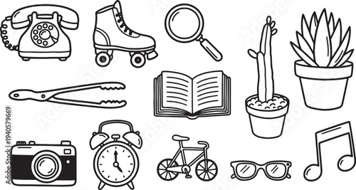 line drawing icons of various everyday objects