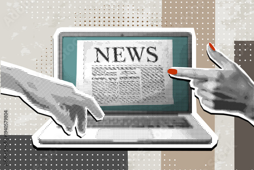 Trendy Halftone Collage with Breaking news on a screen laptop. Media, journalism, or news apps. modern design	