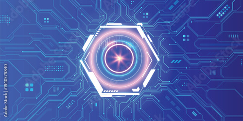 Futuristic hexagon HUD interface on blue circuit board, glowing digital core and electronic connections, abstract hi-tech technology background