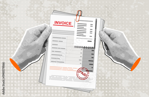 Trendy Halftone Collage Hands hold Invoice sheet, bill. Illustration, invoice payment concept