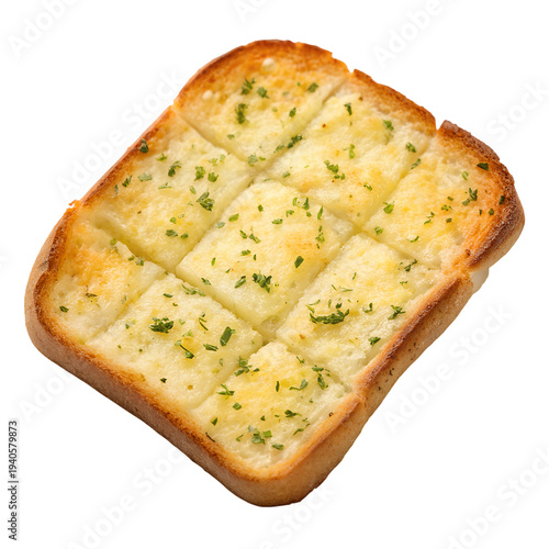 garlic bread topped with cheese and herbs on transparent background.
