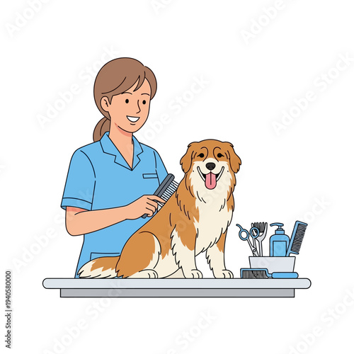 Professional groomer brushing a happy dog on a grooming table with tools