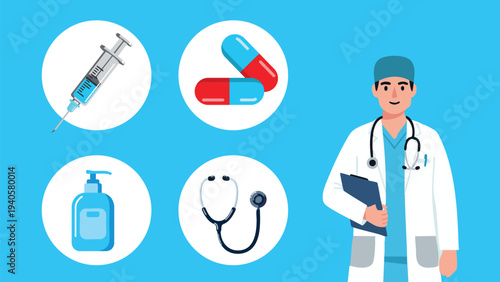 Flat vector illustration doctor tools simple cartoon style cartoon