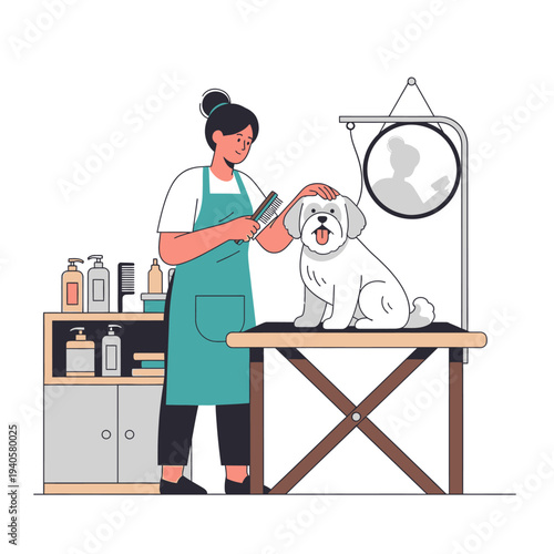 Professional groomer brushing a happy white dog on grooming table in salon