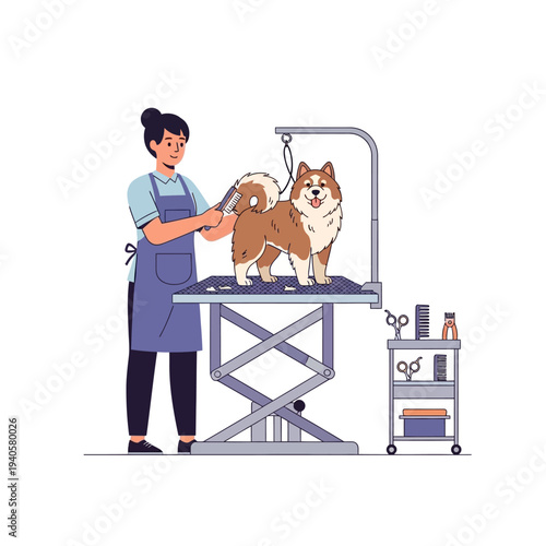 Professional groomer brushing a happy husky dog on a grooming table, pet care