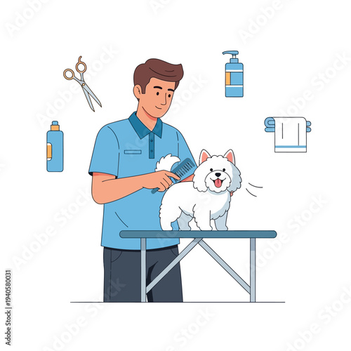 Professional groomer brushing a happy white dog on a grooming table with tools and supplies