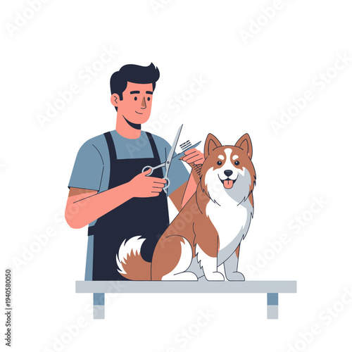 Professional groomer cutting dog's fur with scissors on grooming table