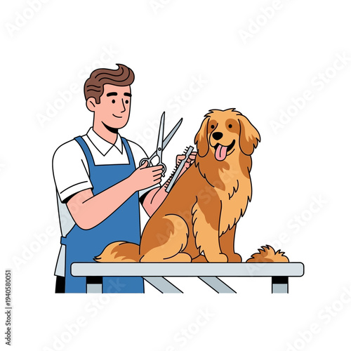 Professional groomer cutting golden retriever dog's fur with scissors and comb on grooming table