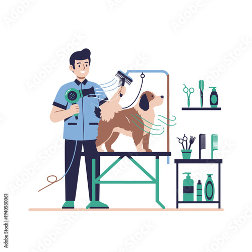 Professional groomer drying a happy dog on a grooming table with hairdryer and brush