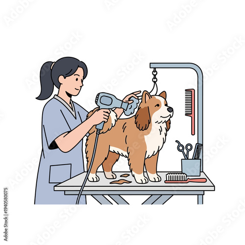 Professional groomer drying a fluffy dog on a grooming table with a hairdryer, pet care